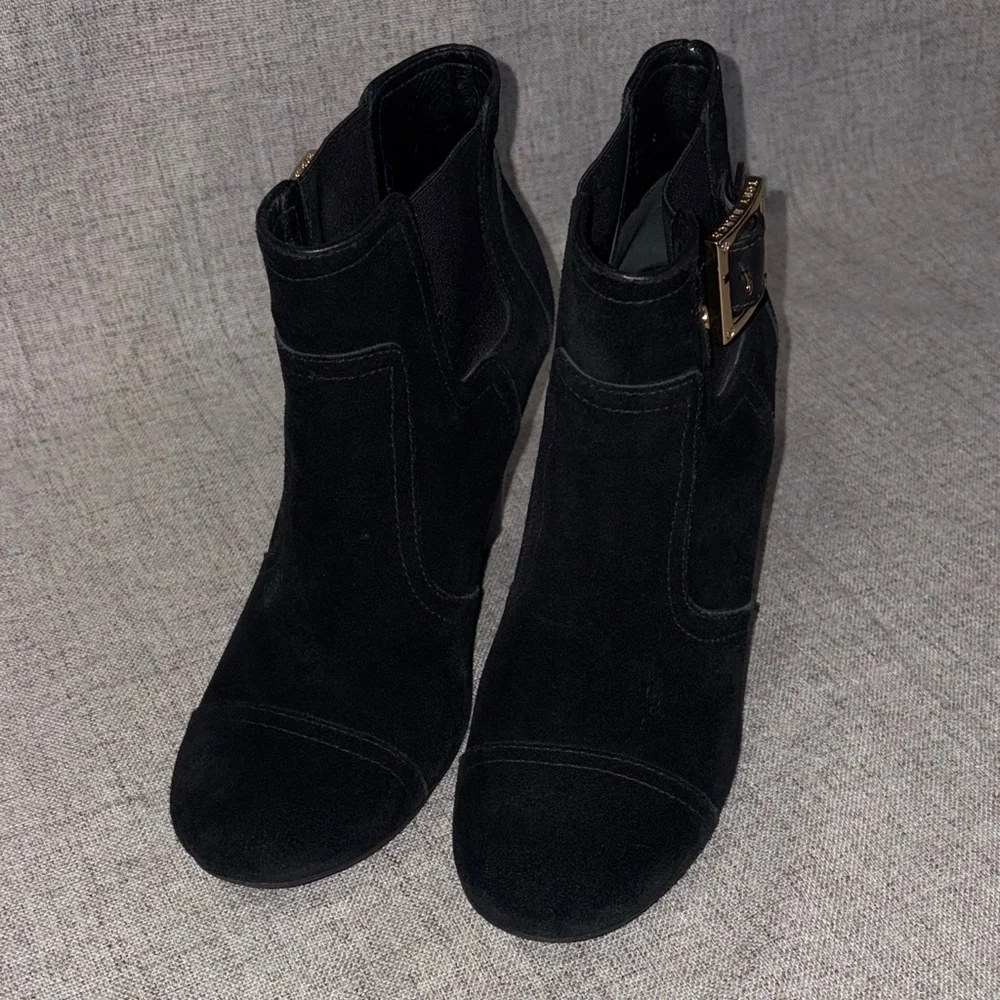 Tory Burch Black Suede Buckle Wedge Ankle Booties